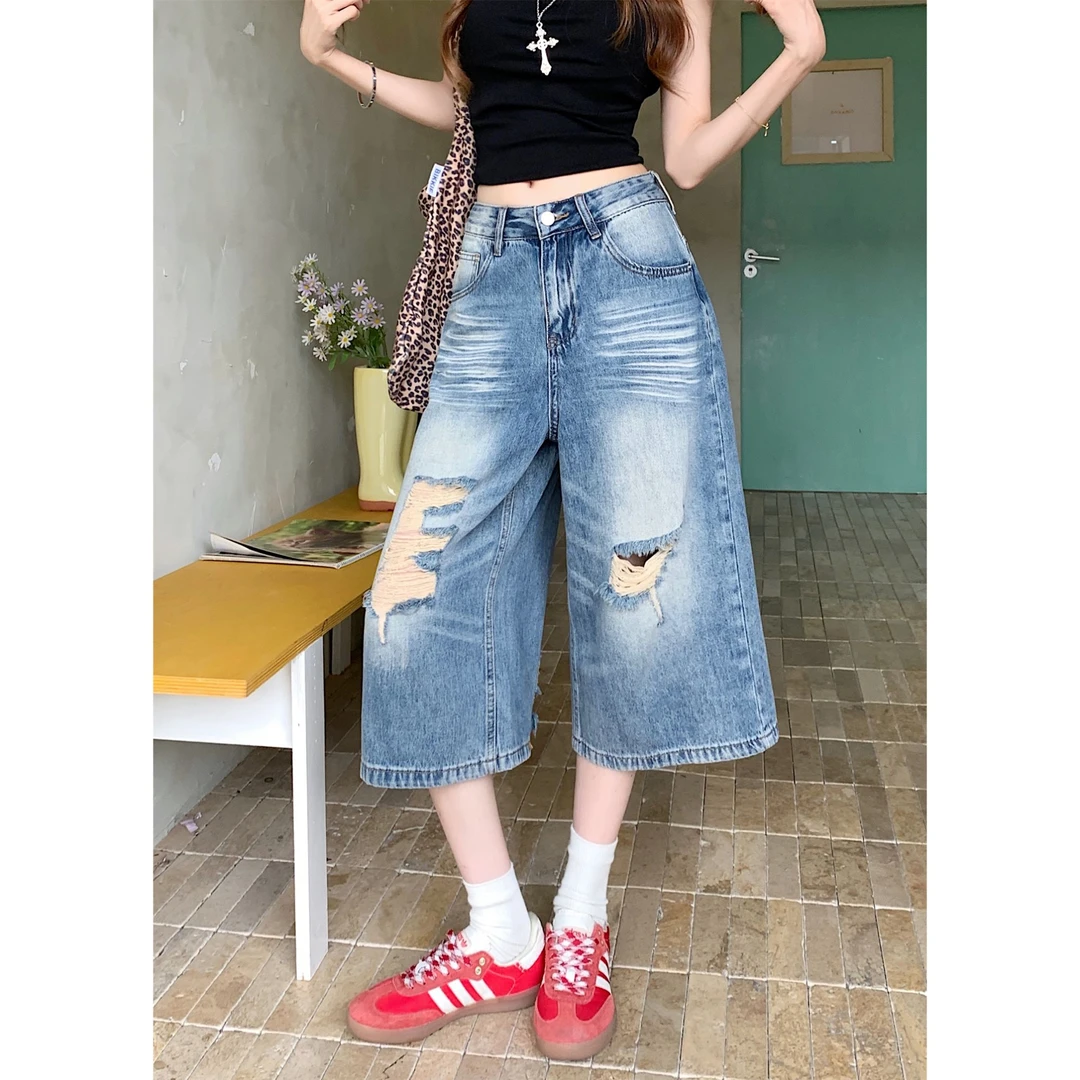 美式复古高街破洞牛仔七分裤女夏季2025新款设计感高腰显瘦阔腿裤