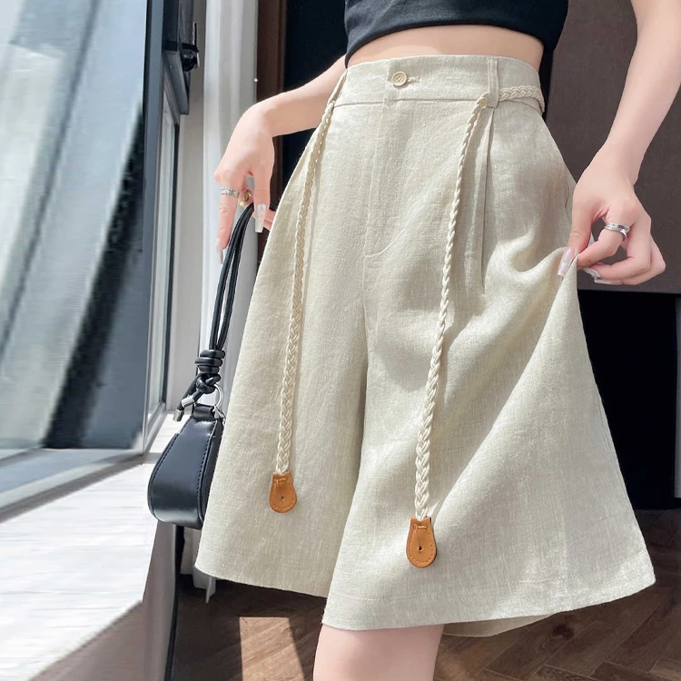 天丝亚麻阔腿短裤女夏薄款2025新款大码胖mm显瘦宽松休闲五分裤子