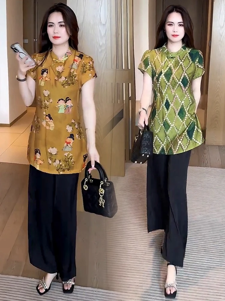 新中式时尚套装女2025夏季新款洋气显瘦国风盘扣上衣阔腿裤两件套