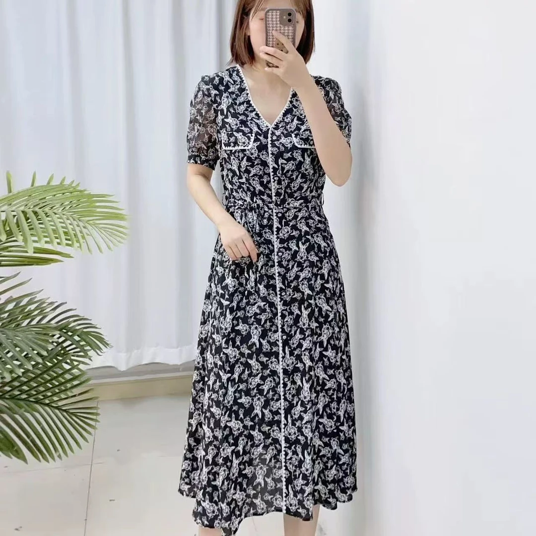 【PL017】碎花夏季连衣裙复古有质感长裙裙子气质过膝春夏印花女装