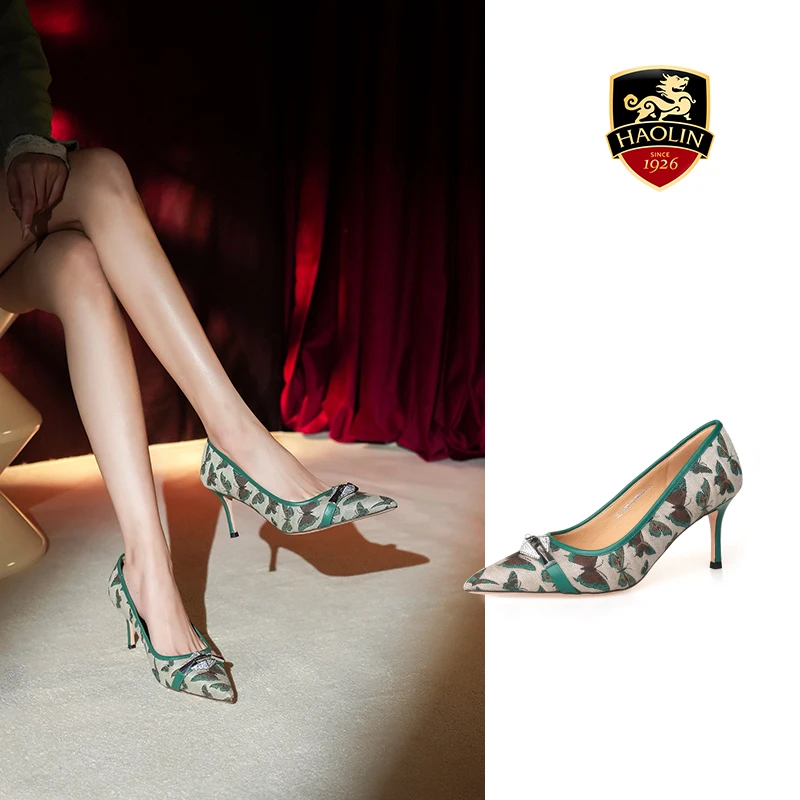 豪麟名鞋迪嘉女鞋气质时尚尖头皮鞋织物+牛皮革DJYYA51WP007