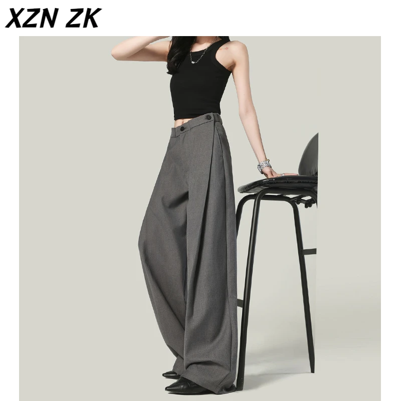 高级感灰色宽松阔腿西装裤女美式复古高腰垂感休闲裤子 夏季薄款