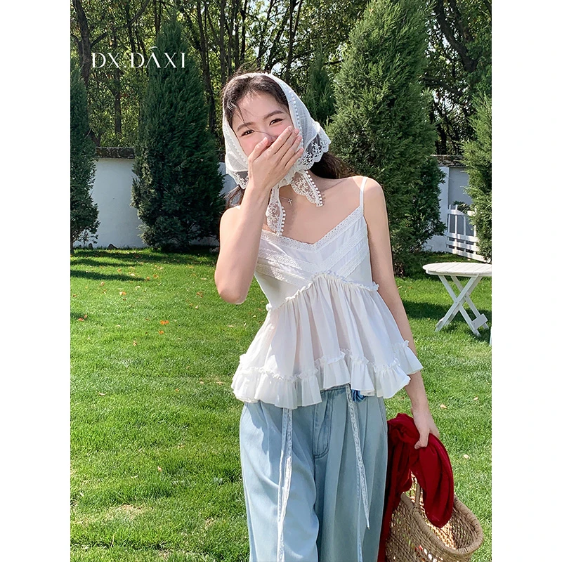代大喜【小舞曲】吊带百褶修身蕾丝背心2025春夏新款温柔风纯棉上衣