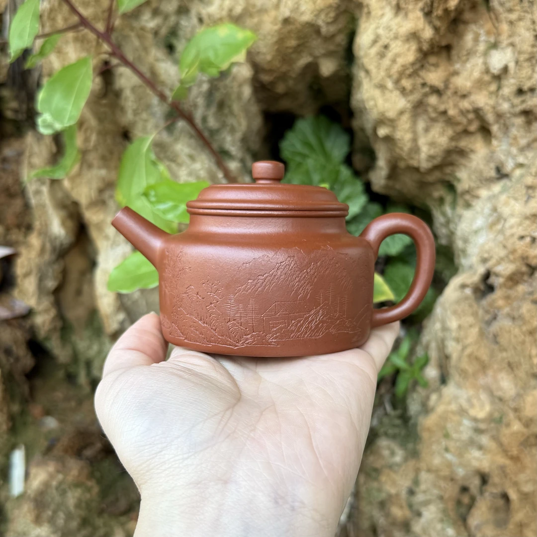 全手工赵庄朱泥生砂刻绘德钟壶140cc（双层盖内推）