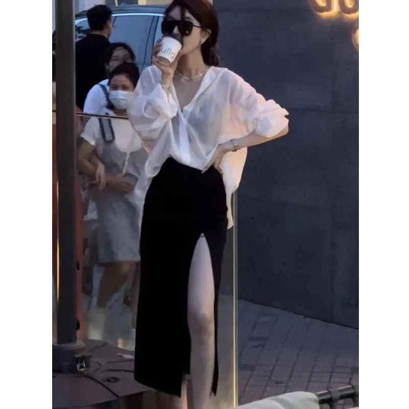 网红炸街套装女夏季绑带防晒衣衬衫开叉半身裙今年流行爆款两件套