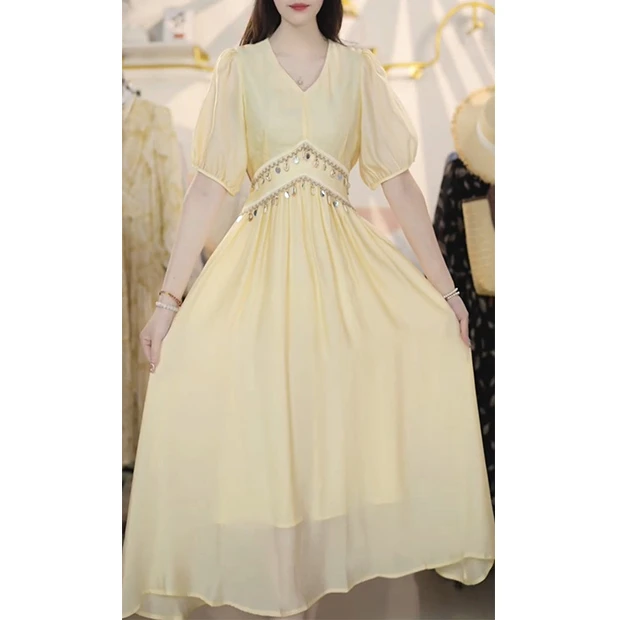 L5005新款法式高级设计褶皱连衣裙夏季2025收腰气质显瘦长裙裙子