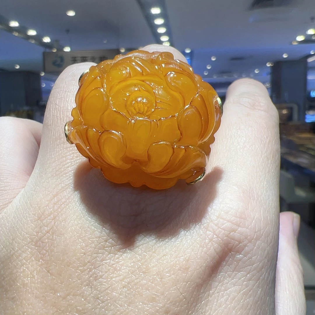 牡丹花戒指 天然琥珀蜜蜡银镶女款精美戒指