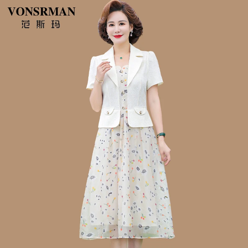 西装领假两件连衣裙2025夏季新款时尚短袖雪纺气质收腰显瘦中长裙