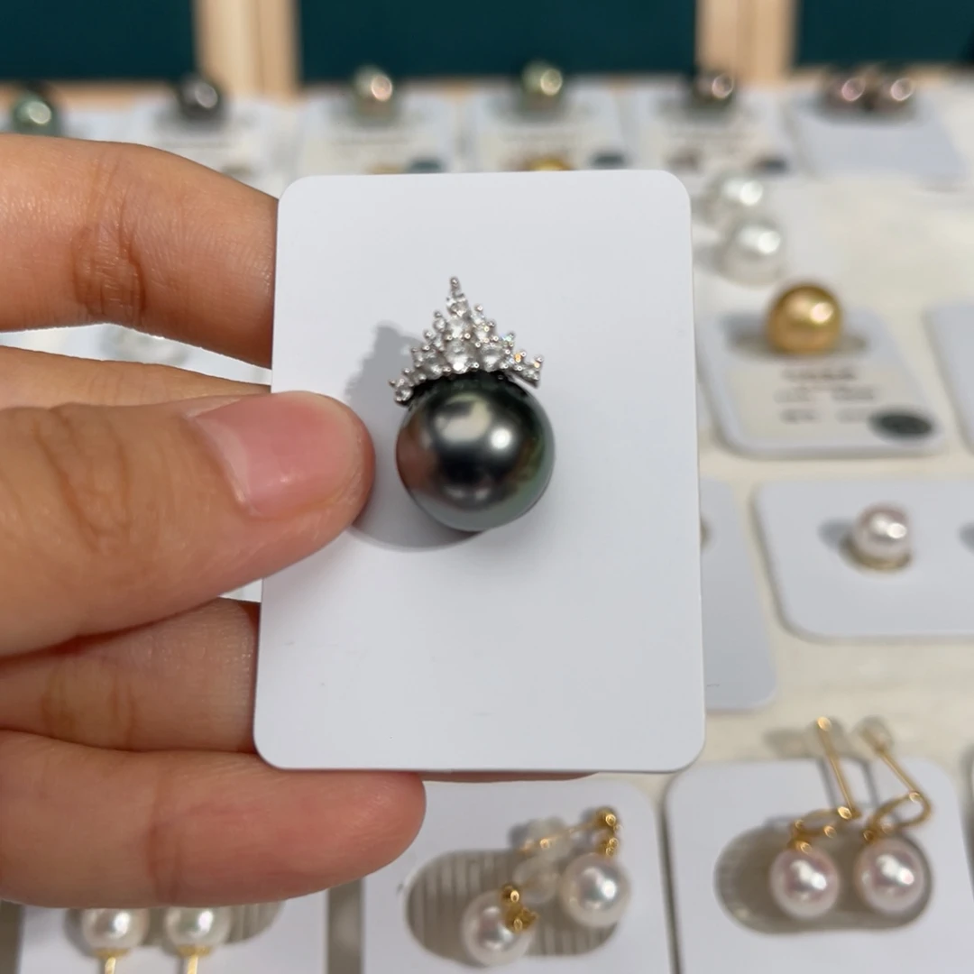 银S925镶嵌海水珍珠大溪地12-13mm