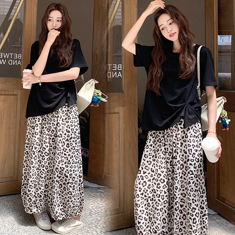 孕妇2025夏季新潮韩版百搭舒适休闲宽松洋气豹纹灯笼裤子孕妇套装