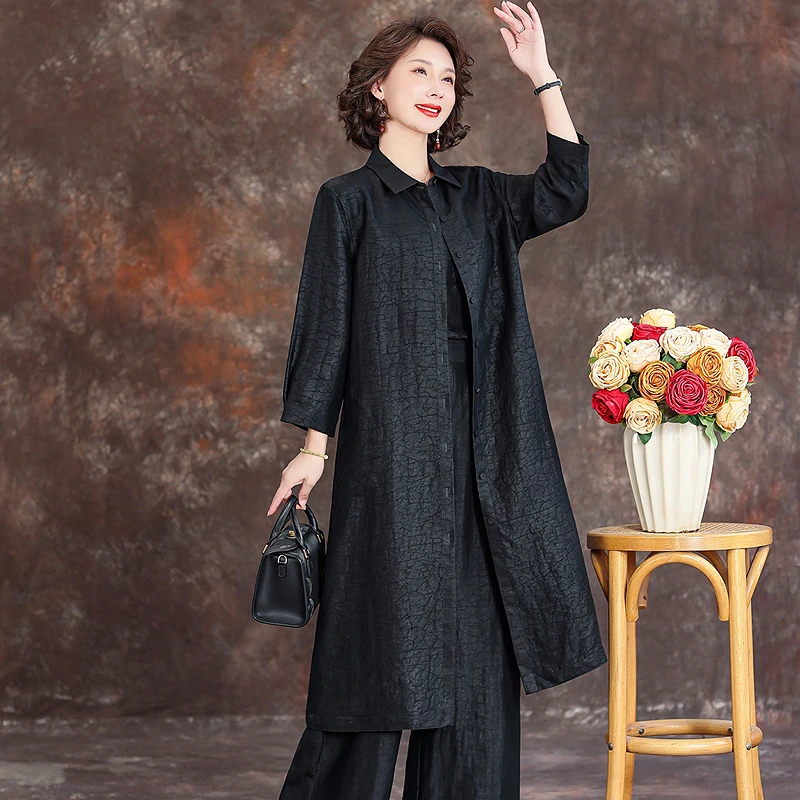齐黛【玄黑】龟裂纹香云纱高端风衣女新中式宽松妈妈装真丝外套
