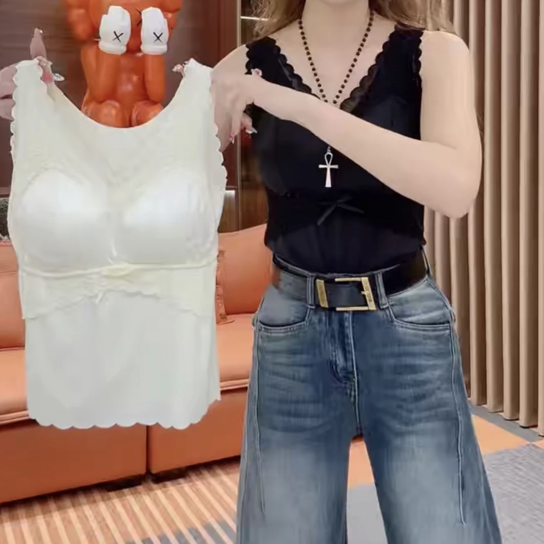 法式轻奢冰丝美背自带胸垫免穿内衣轻薄透气吊带背心女