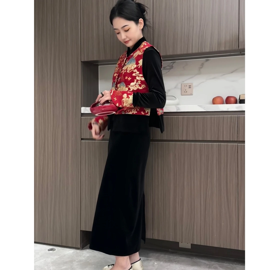 2025秋冬新款女新中式复古红色提花马甲丝绒上衣气质高腰半身裙