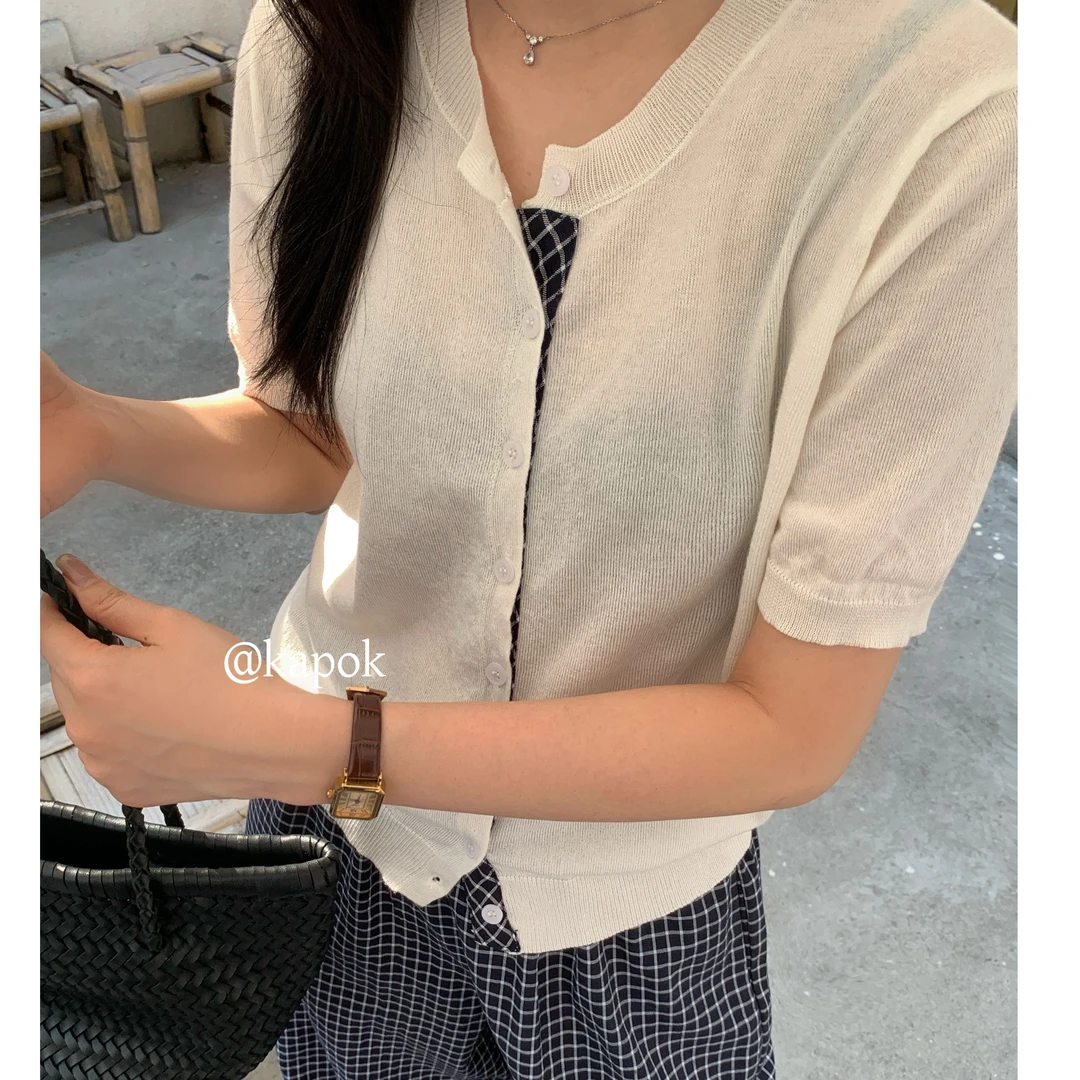 J-25811-2#KAPOK#韩系简约格子拼接针织开衫(福利)
