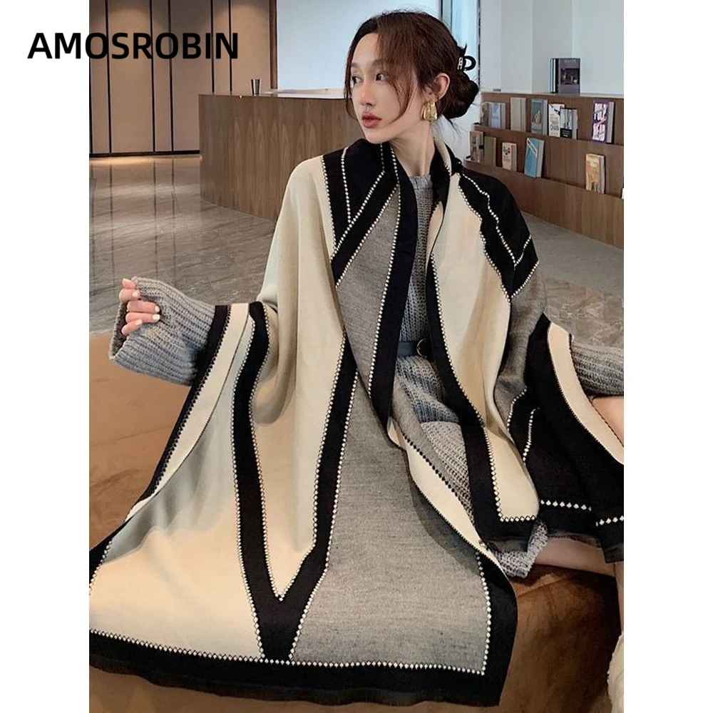 AMOS ROBIN新款百搭拼色设计款双面时尚围巾男女冬保暖感围脖披肩