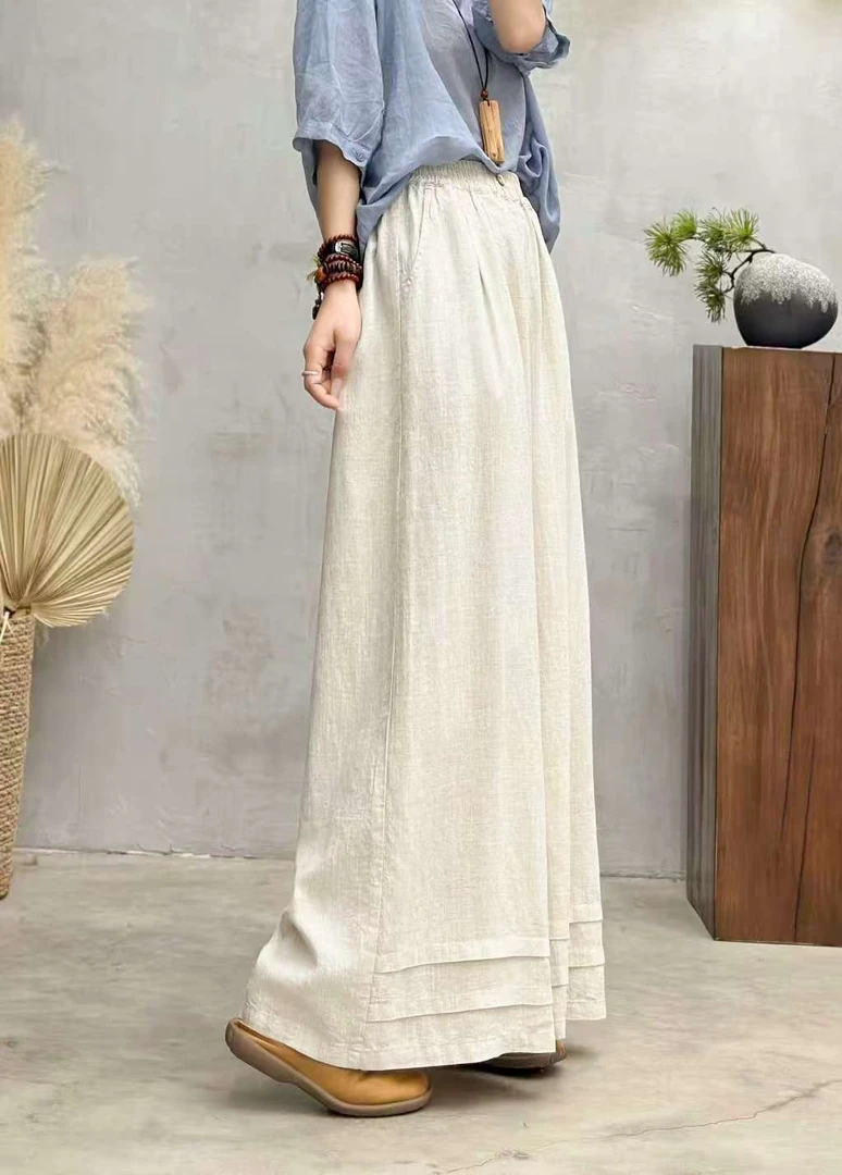 127亚麻蕾丝麻料苎麻阔腿裤白色女装裤子宽松女款高腰百搭长裤