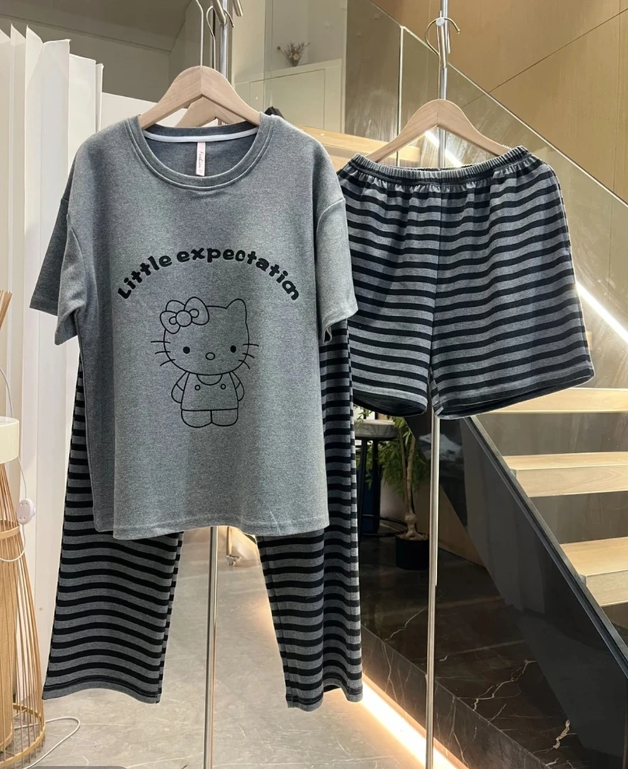 (拍一发三)夏季带胸垫纯棉女士短袖长裤睡衣休闲可外穿家居服