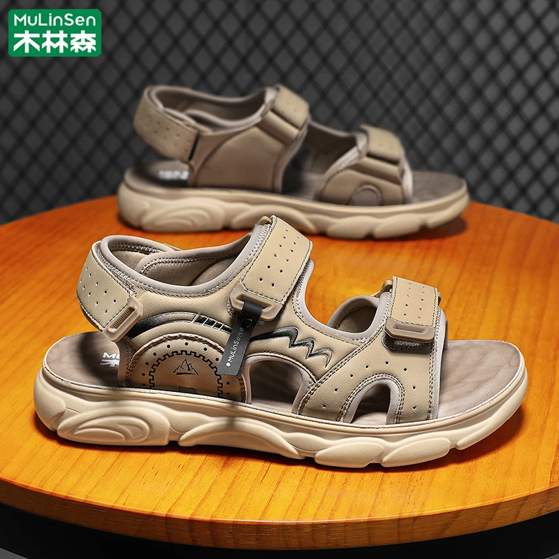 木林森男士凉鞋2025新款夏季外穿软底耐磨青少年魔术贴运动沙滩鞋