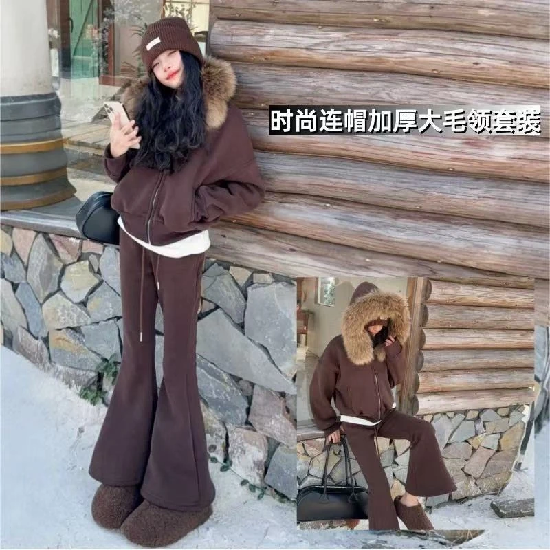 女童冬装真毛领运动套装2025儿童洋气加绒加厚大毛领时髦套装