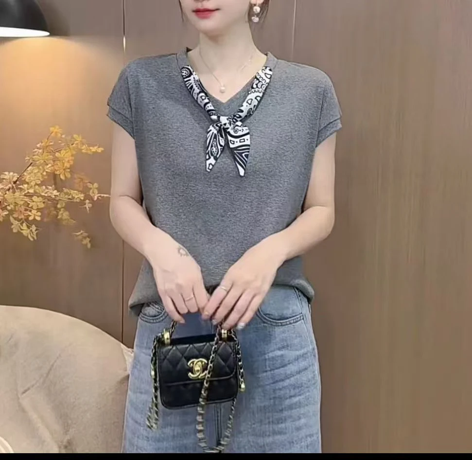 灰色丝巾v领上衣2025短袖韩系小衫爆款宽松遮肚子T恤纯色洋气体恤