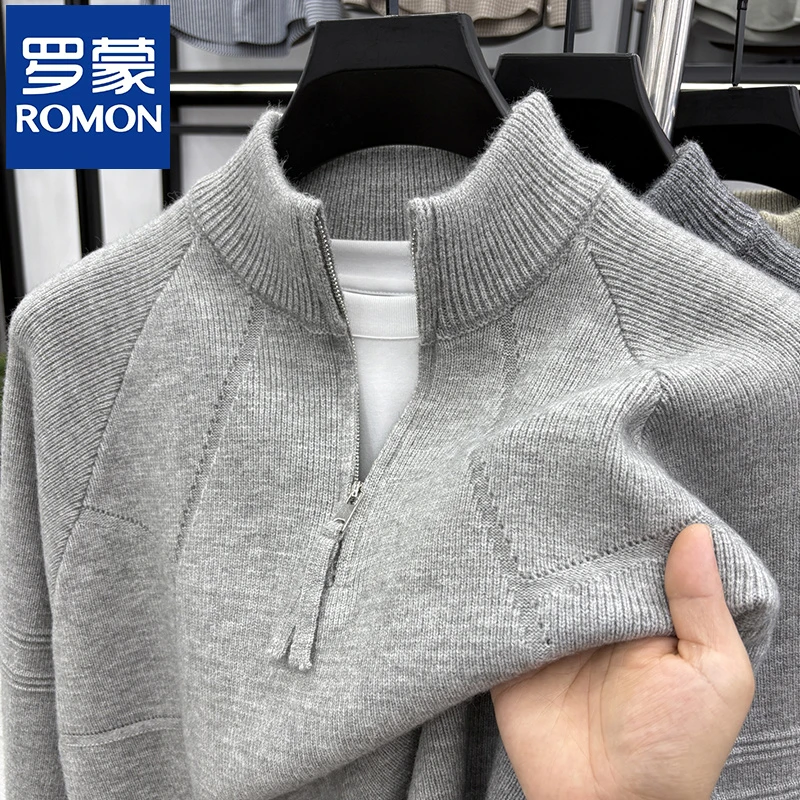 罗蒙男士冬季半高拉链保暖毛衣复古提花针织衫立领百搭休闲上衣