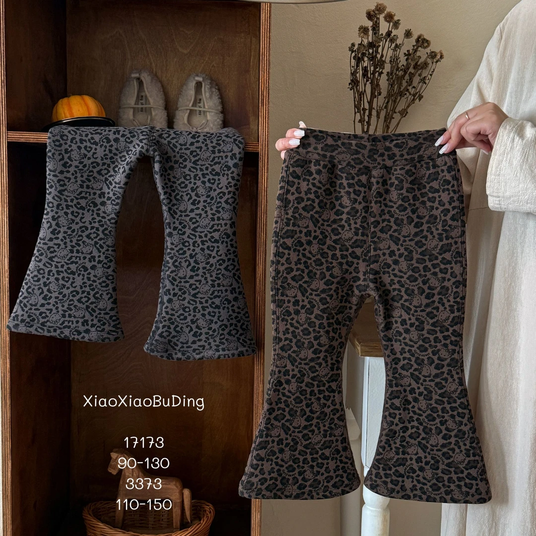 女童韩版冬季一体绒豹纹喇叭裤女宝宝加绒加厚长裤外穿保暖休闲裤