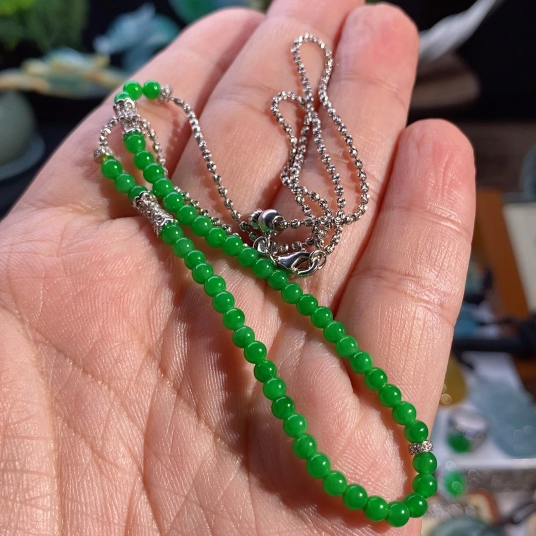 翡翠颈饰18K金镶嵌阳绿小珠链两用款