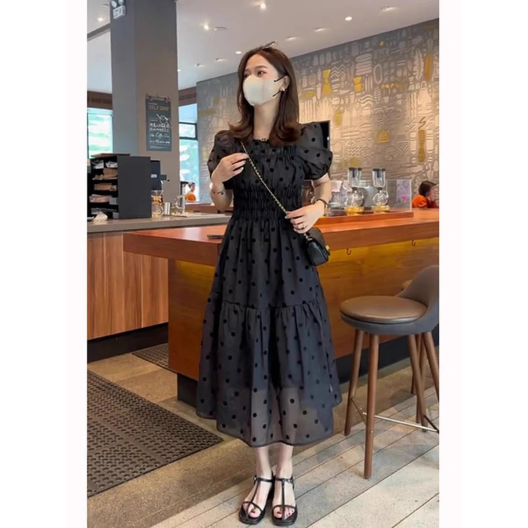 2025夏季大码女装胖mm遮肚显瘦连衣裙微胖妹妹高级感波点显瘦长裙