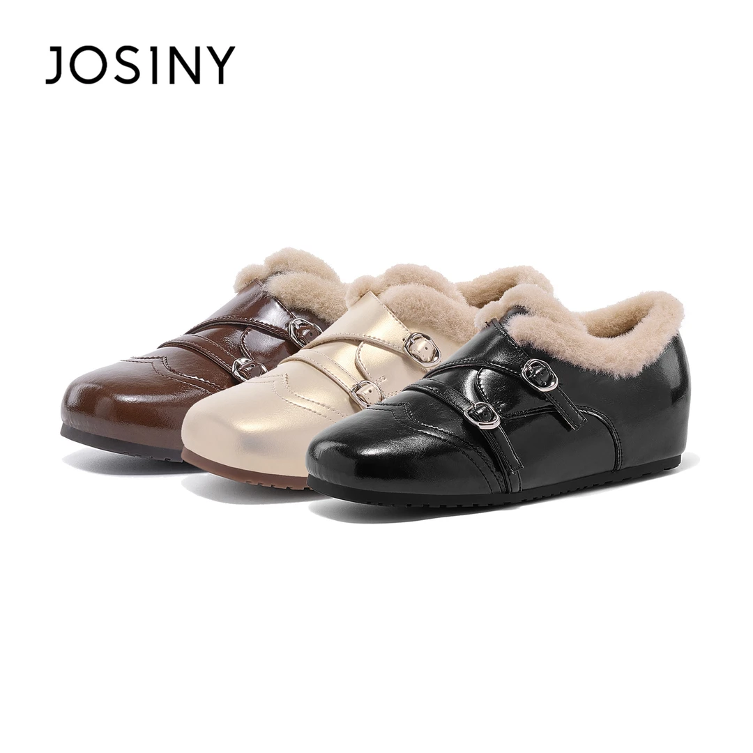 卓诗尼英伦风方头平底加绒小皮鞋女2025冬季新款时尚百搭保暖单鞋