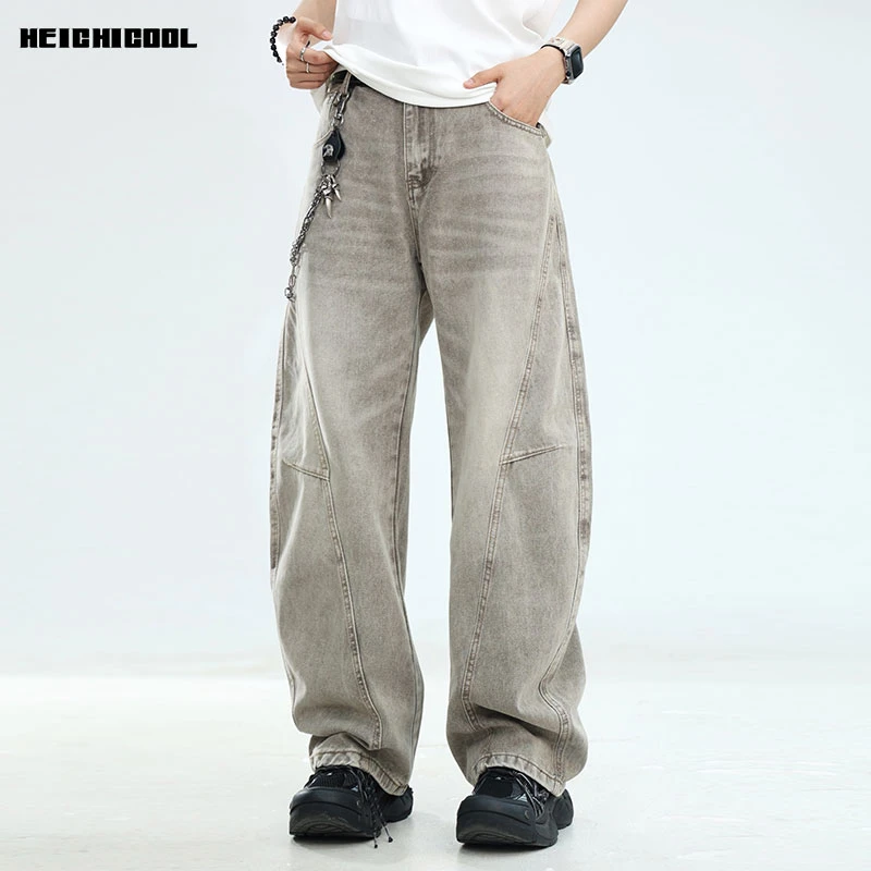 新款美式复古阔腿宽松弯刀牛仔裤男小众设计拼接痞垂感牛仔裤