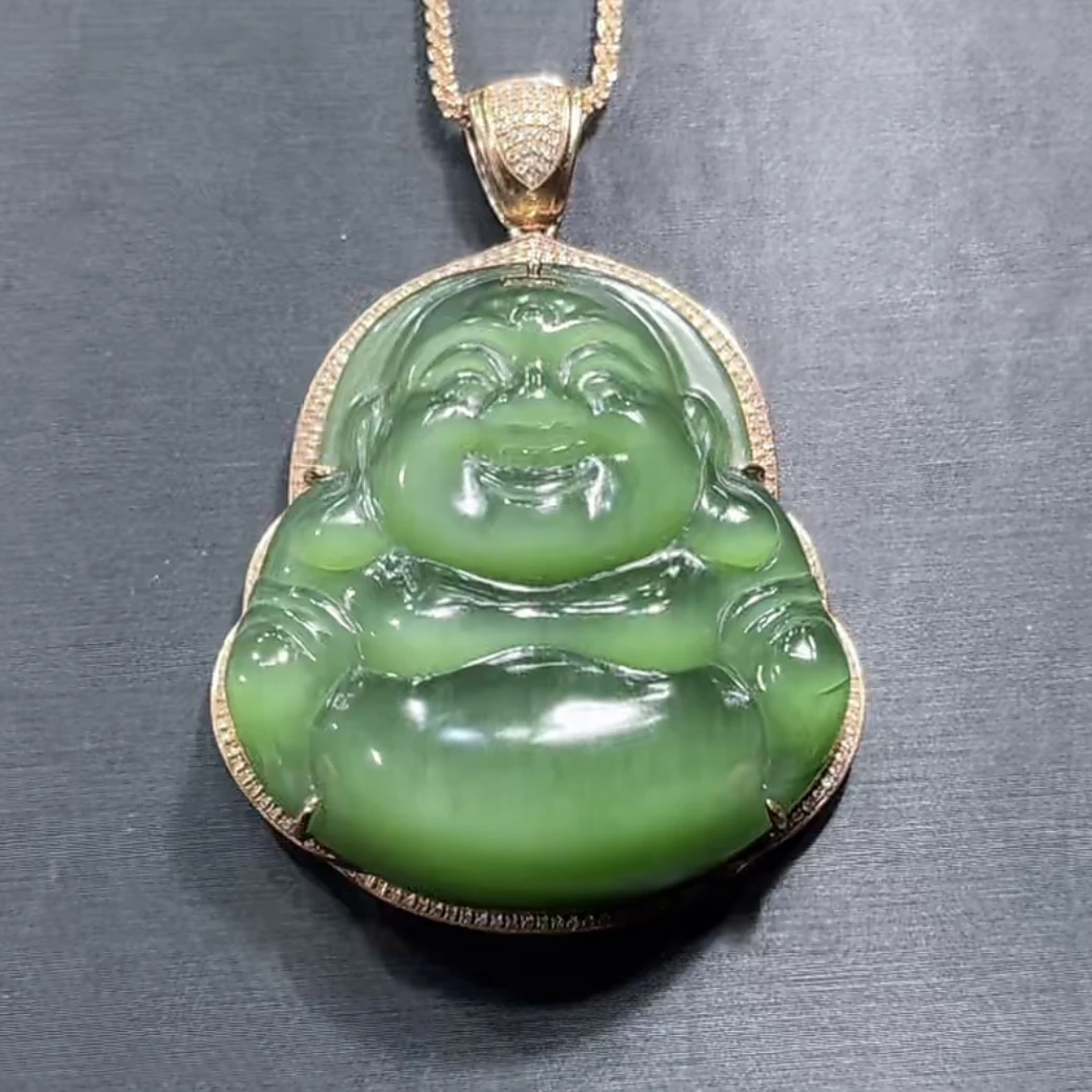 和田玉俄料碧玉帝王绿猫眼佛公吊坠18k金镶嵌