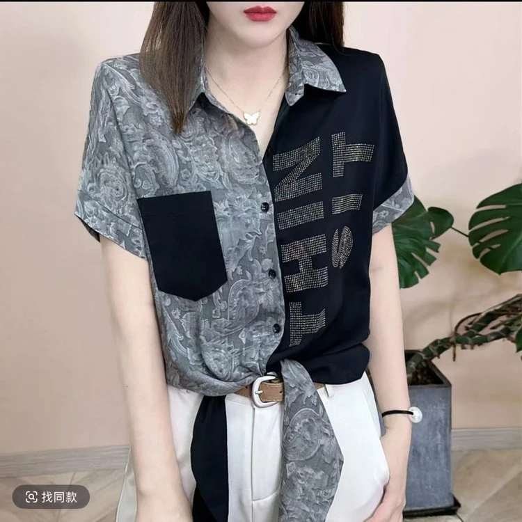 直播爆款2025夏季新款时尚洋气拼接烫钻减龄个性短袖衬衫