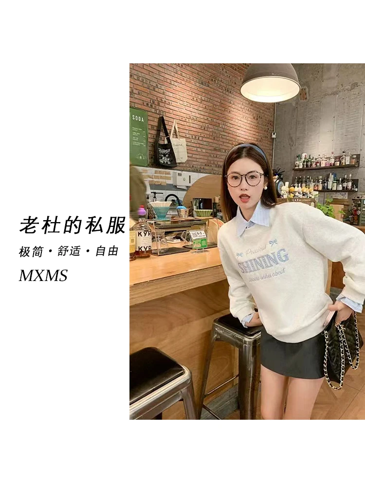 （麦欢尼）5690-“蝴蝶结"休闲运动珍珠刺绣假两件可拆卸领卫衣