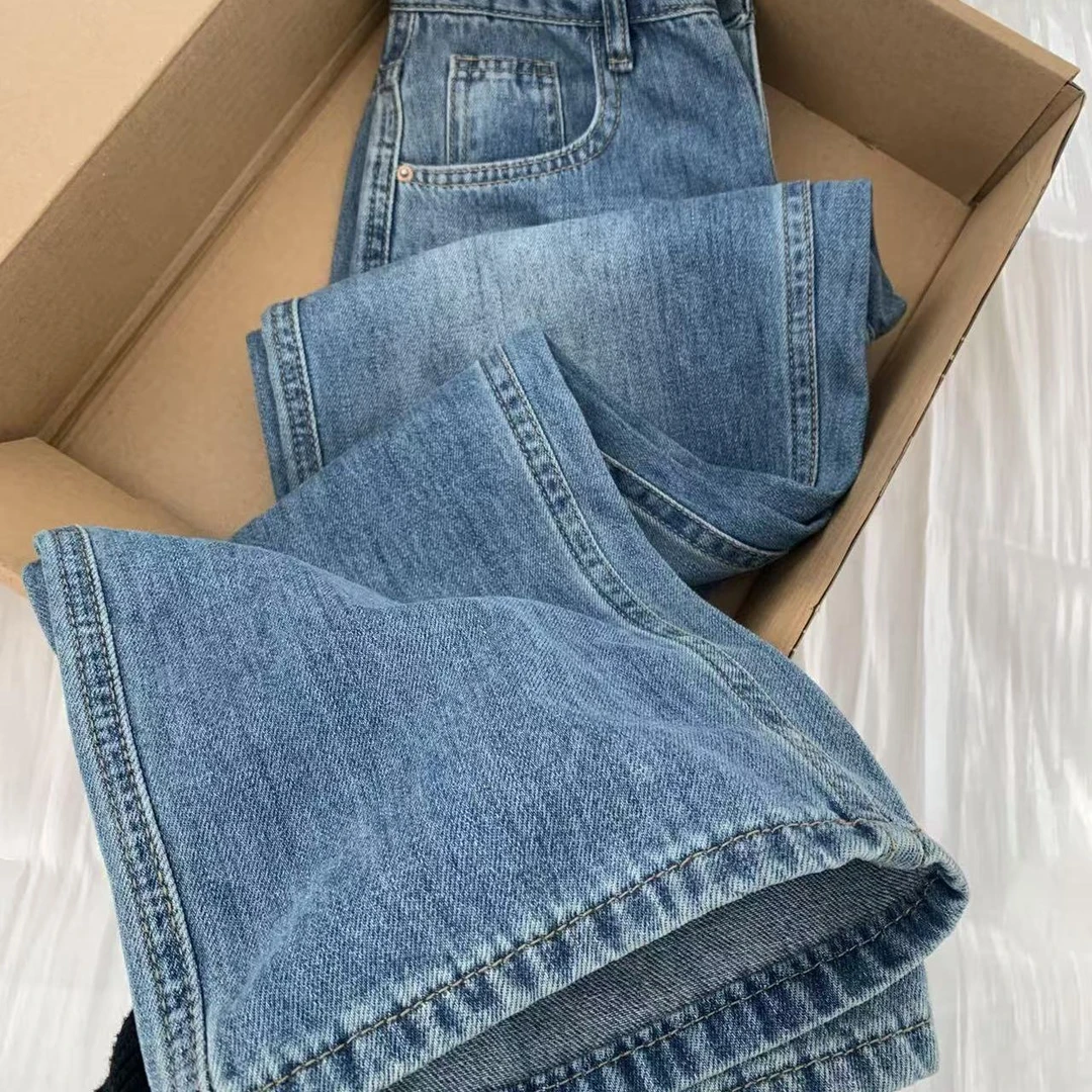 蓝色窄版阔腿牛仔裤女秋季2025新款高腰宽松显瘦垂感休闲直筒裤子