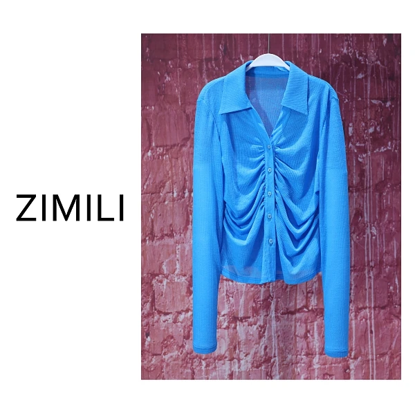 【亮哥女装】2025秋季清新蓝捏褶收腰翻领高弹打底气质上衣8208-A5