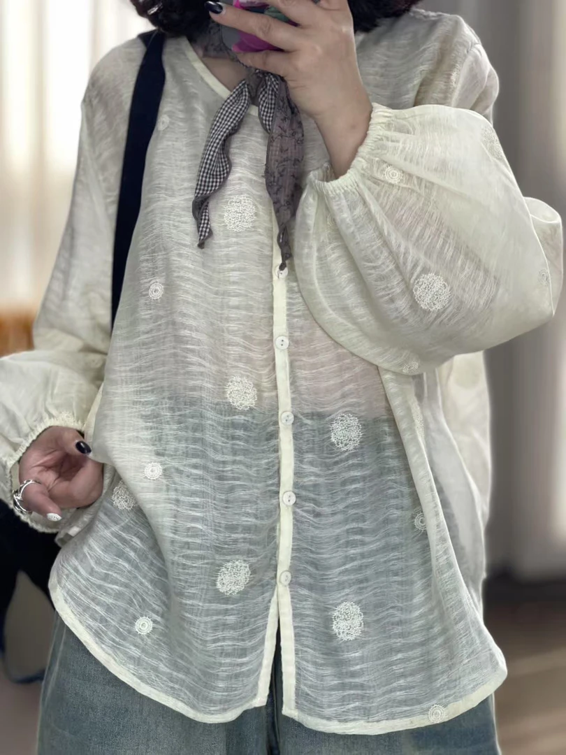 【若汐女装】欧版宽松时尚休闲百搭设计款刺绣文艺优雅衬衫85029