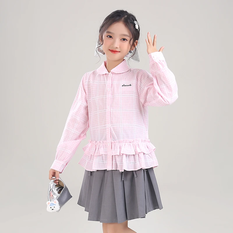 0769750女童格子衬衫2025秋季新款女孩甜美洋气儿童薄款粉色衬衣