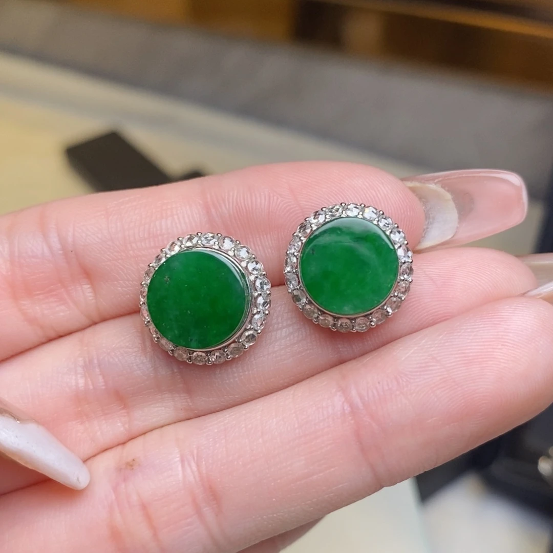 翡翠耳饰18K金镶嵌圆牌