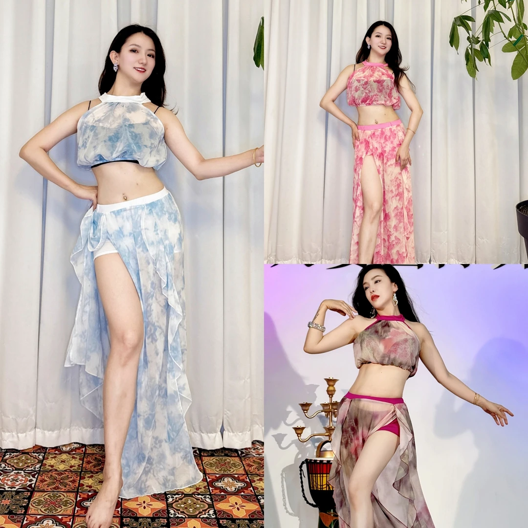 SWEGAL肚皮舞练功服水墨印花雪纺抹胸加花边双开叉长裙百搭初学者