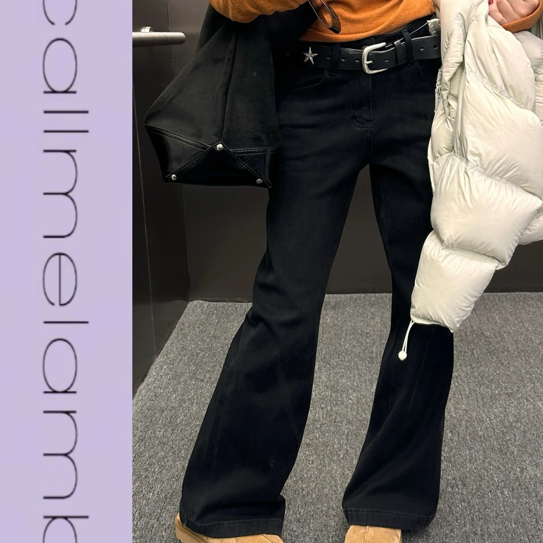 “神裤影印机”穿三季订染黑色杏灰加厚磨毛直筒微喇牛仔裤梨形显瘦