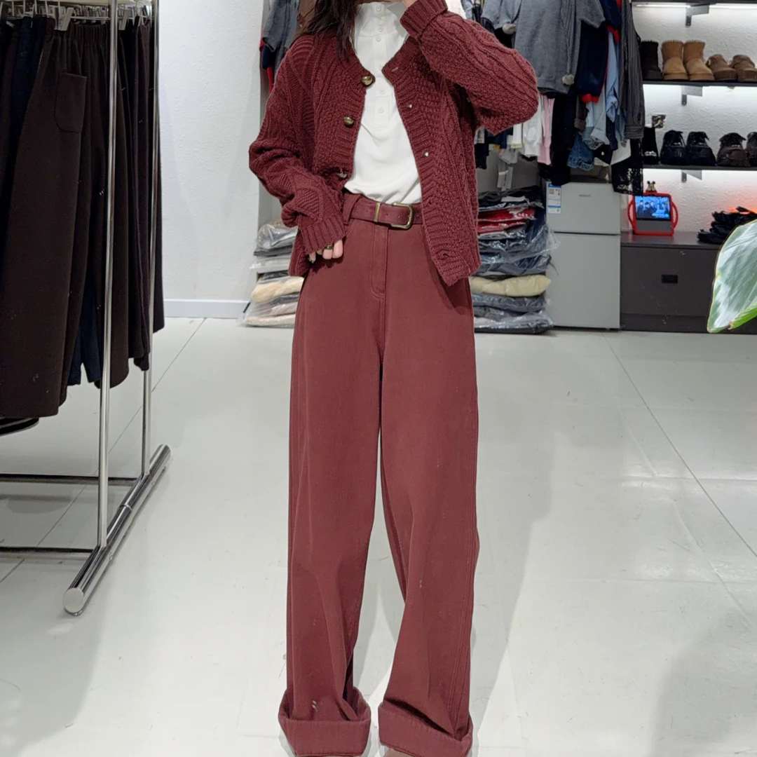 乐乐家安可拉红高腰显瘦阔腿牛仔裤女冬季宽松直筒加绒裤子女