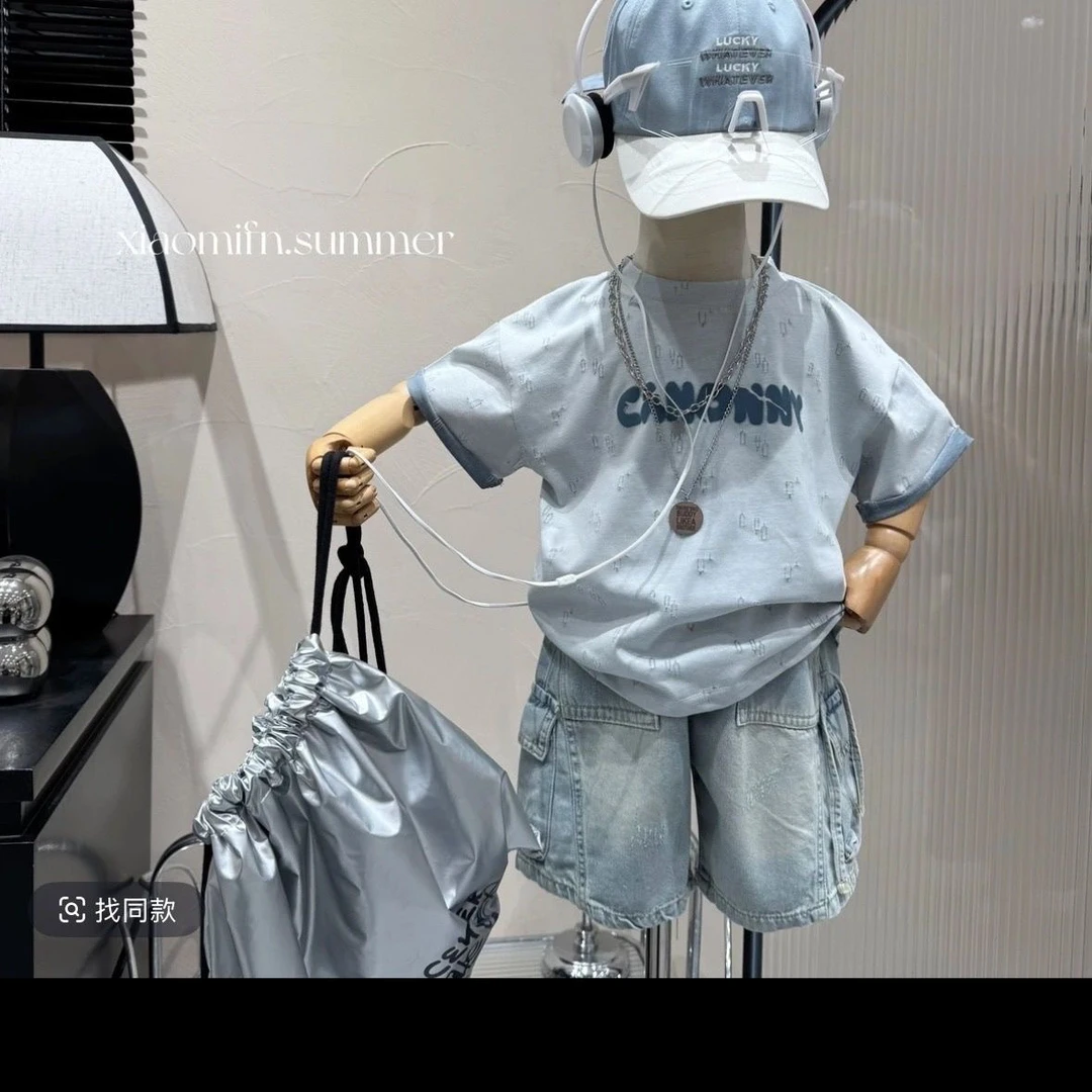 韩系男童2025新款字母上衣工装短裤