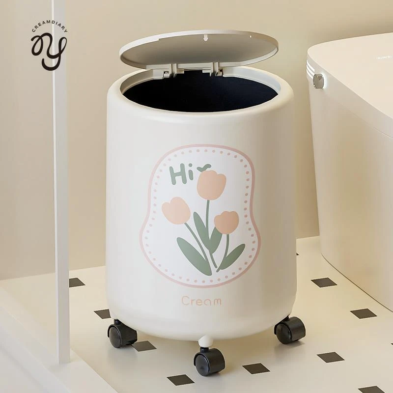 化妆室垃圾桶家用2025新款厕所客厅带盖子带轮可移动高颜值卫生间