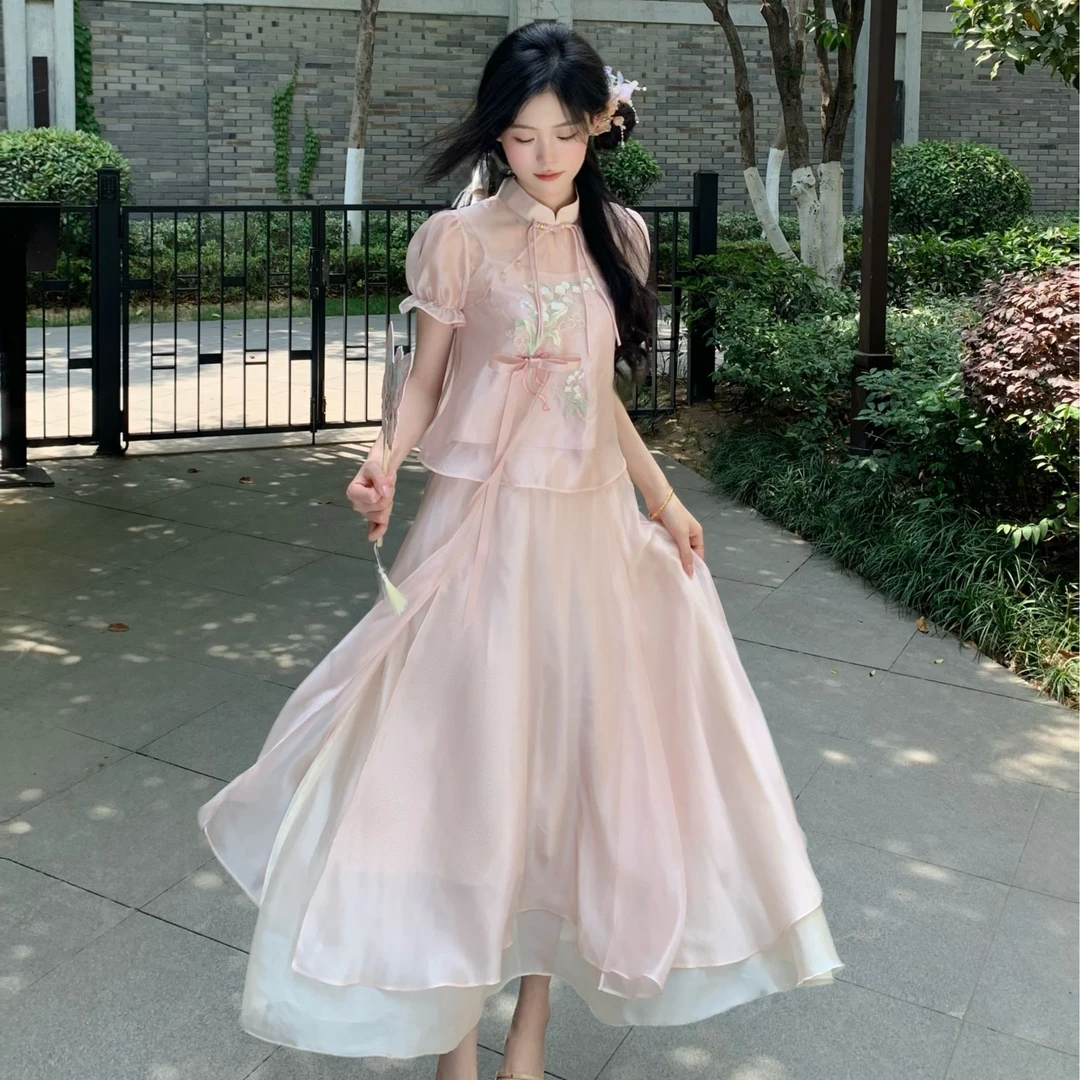Blovelan绾香记 提花重工国风温婉小衫上衣+温柔风纱裙大裙摆半裙