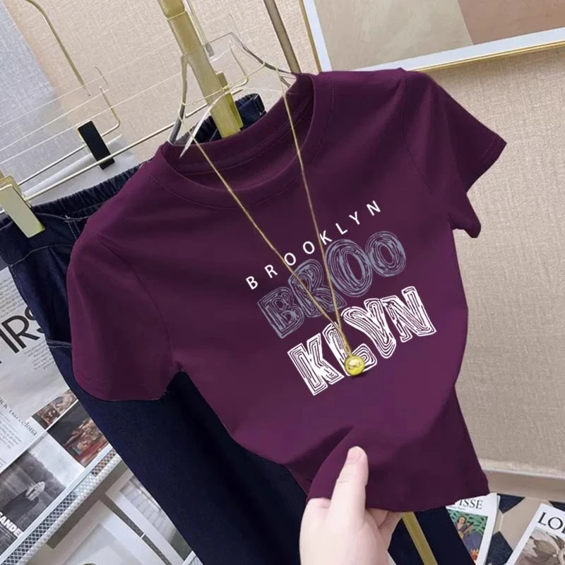 欧货正肩紫色t恤女短袖2025夏季新款修身显瘦减龄印花上衣短款ins