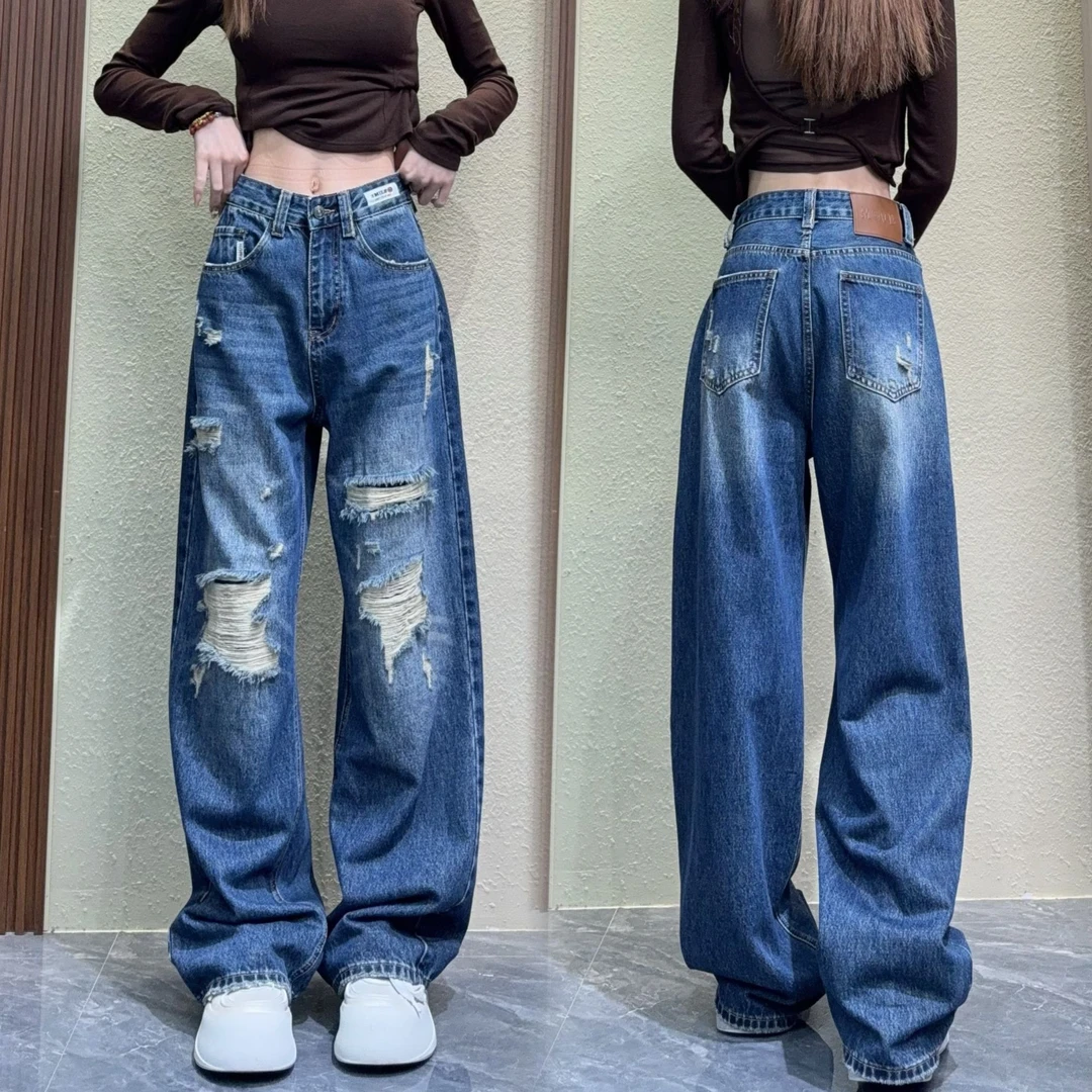 2025新款蓝色牛仔裤直筒常规款水洗薄款女磨破阔腿