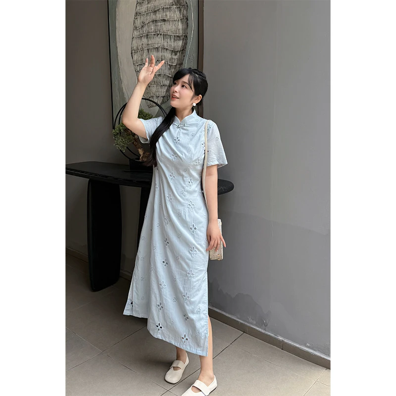 码加加51416胖MM2025女夏季新款收腰显瘦简约新中式镂空大码旗袍