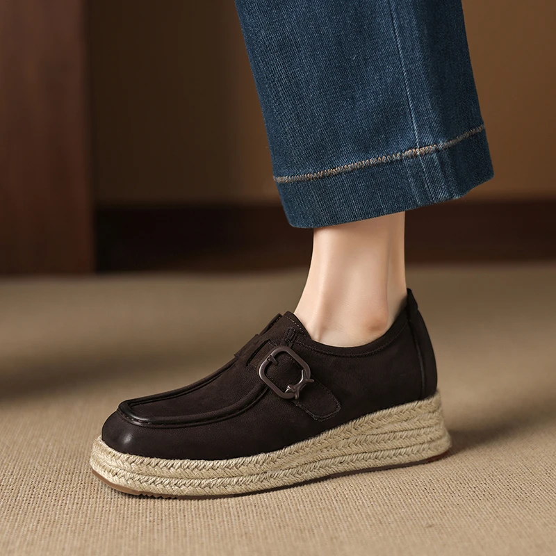 5cm坡跟复古擦色真皮单鞋女春秋厚底高跟鞋休闲草编松糕底小皮鞋