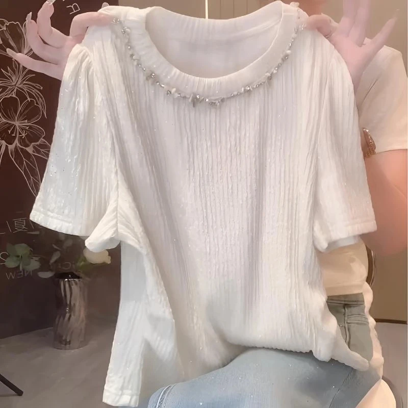 夏季新款洋气显瘦百搭纯色圆领T恤时尚气质上衣女装