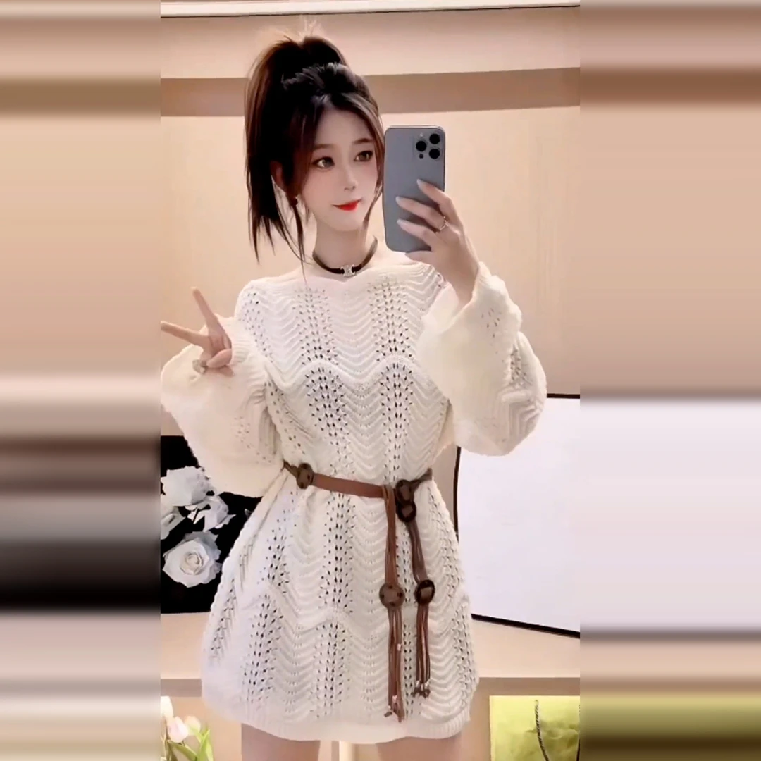 2025新款韩系高级穿搭镂空针织连衣裙子女早秋季气质收腰毛衣短裙